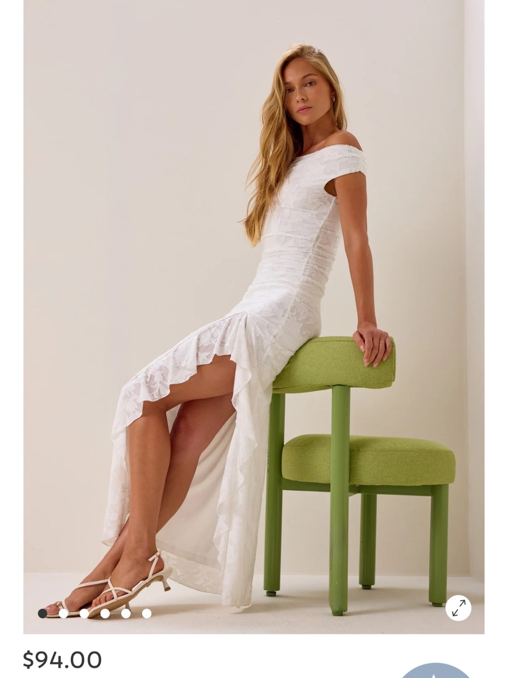 Altar'd State Kalista Dress. White One-Shoulder Lace Maxi Dress with Ruffle Slit